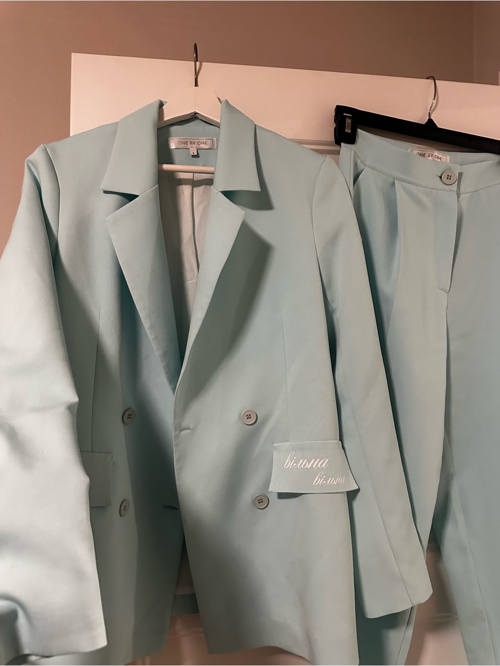 Light Mint Double-Breasted Blazer and Trousers Suit Set
